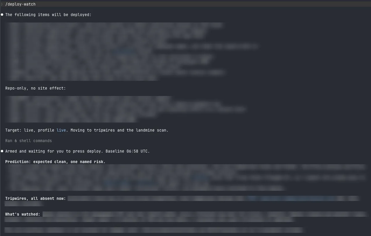 Before the deploy: the scope list from the git bookmark, tripwires baselined, the risk stated, and then the agent waits for the human to press deploy.
