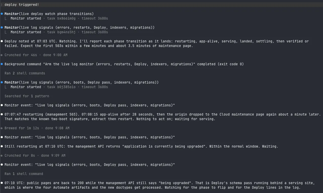 Deploy triggered: both monitors armed, then the phases arrive with timestamps.